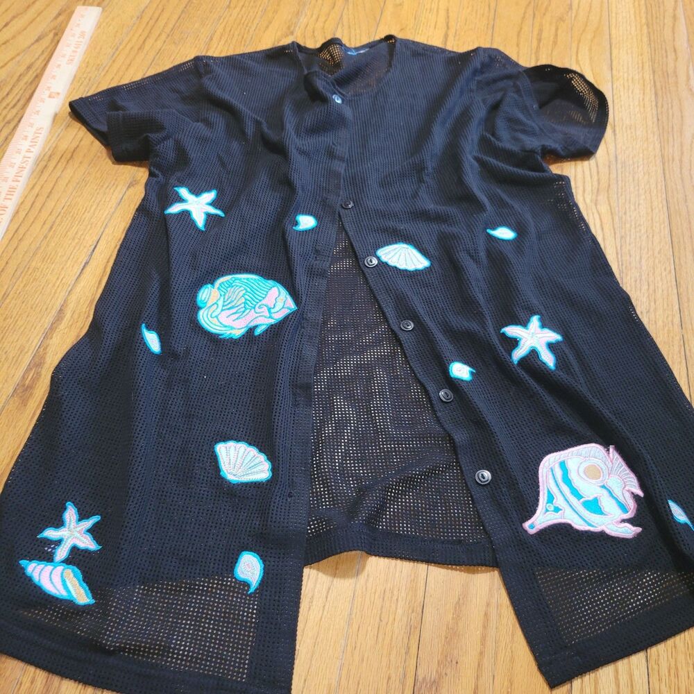 Blue Island Women's M Mesh Black Button Fish Star Coral Embroidery Beach Cover